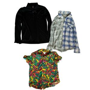 Boys 10/12 Formal Dress Shirt Plaid Tropical Black 3 Piece Lot